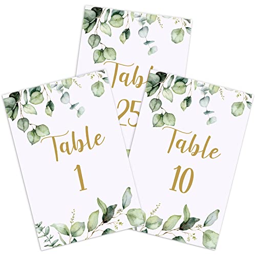 Zonon 26 Pieces Wedding Table Numbers Cards 1-25 with Head Table Numbers Greenery Eucalyptus Double Sided Cards Party Centerpiece for Wedding Reception Baby Shower Birthday Bridal Party(Gold)