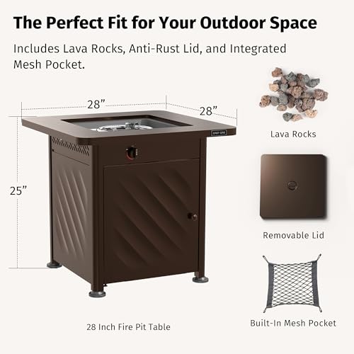 Image of East Oak 28 inch Outdoor Propane Fire Pit Table | 52,000 BTU Gas Fire Pit for 2-4 People with Space-Saving Hock Lid, Mesh Pocket & Lava Rocks | CSA Certified Safe for Patio, Deck, Backyard, Brown