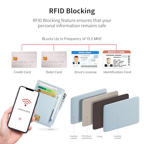 Image of Slim Wallet for Women Small Leather RFID Blocking Credit Card Holder Minimalist Front Pocket Wallet with Coin Purses & Pouches, Light Blue
