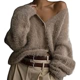 Cárdigan Grueso y Suave para Mujer Cuello en V Suéter de Mohair Suelto de Manga Larga con Botones Abrigo de Punto Peludo(Khaki,Large)