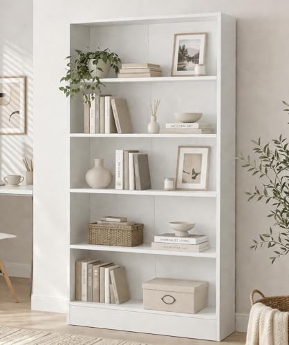 Image of DeckUp Muvo 5-Shelf Engineered Wood Book Shelf and Display Unit (White, Matte Finish)