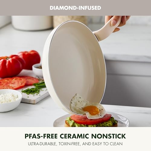 Image of GreenPan Rio Advanced 8 inch Frying Pan Skillet, Ceramic Nonstick PFAS-Free, Induction Ready, Dishwasher and Oven Safe, Cream White