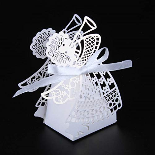 YURASIKU 50pcs Hollow-Out Cartoon Figure Wedding Candy Box Sweets White Gift Boxes with Ribbon for Baby Shower Event Party Decoration Supplies