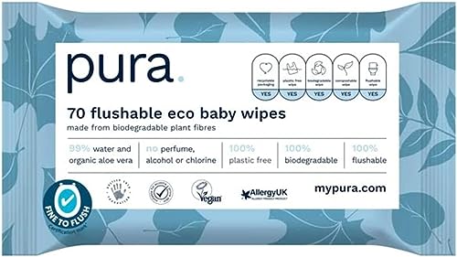 Pura Toallitas húmedas desechables para bebé, 100% libres de plástico, 99% agua, adecuadas para pieles sensibles y propensas a eccemas, biodegradables, 70 toallitas por TBD365 GIFFTING