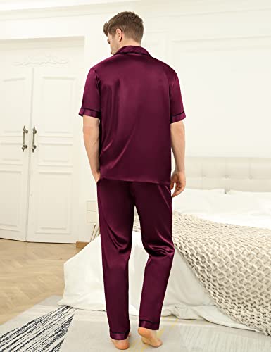 Image of SWOMOG Mens Satin Pajama Set Short Sleeve Classic Sleepwear Button Down Silky Loungewear with Long Pants Deep Wine Red Medium