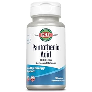 KAL Pantothenic Acid 1000mg, Sustained Release Vitamin B5 – Energy Supplements – Supports Metabolism of Carbs, Fat and Protein, Hair and Skin Health, Vegan, 60-Day Guarantee, 50 Servings, 50 Tablets