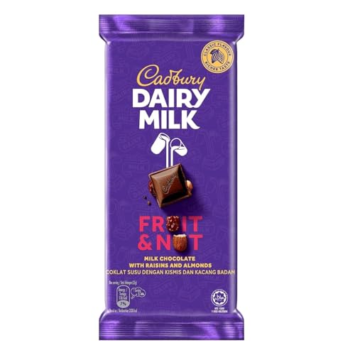 Image of Cadbury Dairy Milk Fruit & Nut Chocolate Bar - 110g By COUGAR | Milk Chocolate with Raisins & Almonds | Classic Fruit & Nut Flavour | Rich & Creamy Cadbury Treat (IMPORTED)