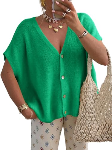 Image of Saodimallsu Womens Summer Oversized Cardigans Batwing Short Sleeve Lightweight Button V Neck Casual Knit Sweater Tops