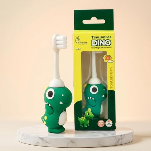 Image of R for Rabbit Tiny Smiles Dino Kids Toothbrush with Tongue Cleaner for Toddlers & Babies 2+ Years | Extra Ultra Soft PBT Bristles, Gentle on Gums | Cute 3D Dinosaur Easy Grip Handle | BPA Free (Green)