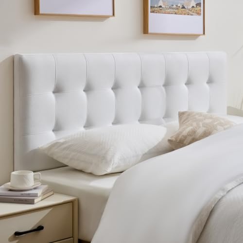 Linen Stitched Tufted Queen Headboard, Adjustable Height 37.2-46 in, White