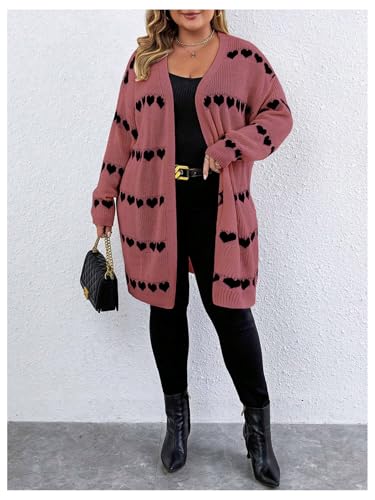 Image of MakeMeChic Women's Plus Size Long Cadigan Sweaters Casual Open Front Kint Lightweight Cadigan Heart Long Sleeve Outerwear
