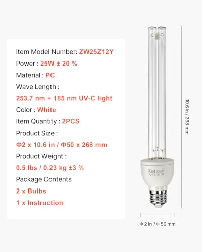 Image of VEVOR Clean Light Bulb, 2 Pack, 25W Replacement Lamp with Ozone, 253.7 nm + 185 nm Wavelength Clean Light Bulb, E27 Universal, for 400 sqft Living Room, Classroom, Office, and Restaurant