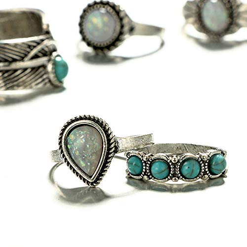 Asphire 8 Pcs Bohemian Joint Knuckle Rings Set Oval Turquoise Finger Ring Opal Gemstone Teardrop Midi, Punk Leaf Index Ring For Women And Girls #TOP2