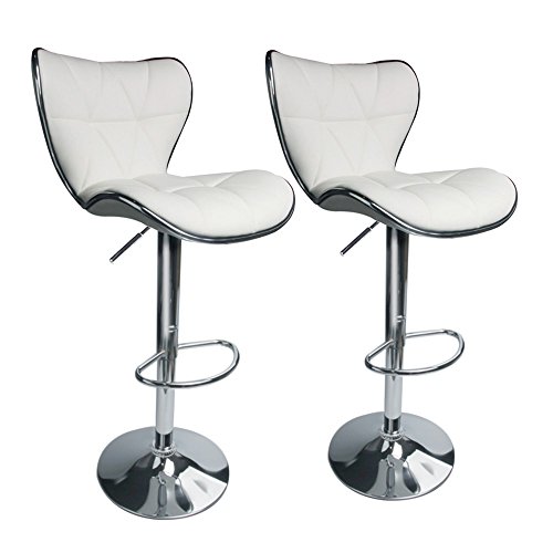 Shell Back Adjustable Swivel Bar Stools, PU Leather Padded with Back, Set of 2 (White)