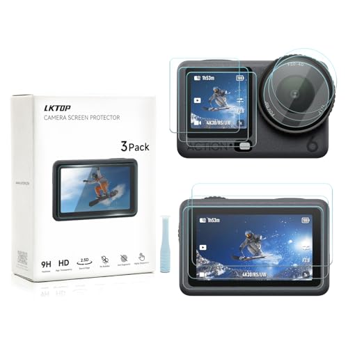 LKTOP 3 Pack DJI Osmo Action 6 Screen Protector, Tempered Glass Front+Back+Lens Film LCD Display Cover for Action6 Pro Accessories, Ultra HD 9H Hardness, Anti Scratch Bubble, with Installation Kit