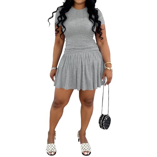 Ulovmi Womens 2 Piece Skirt Sets Short Sleeve Slim Fit Top Pleated Skirt Casual Matching Outfit Loungewear Sets-Grey-M