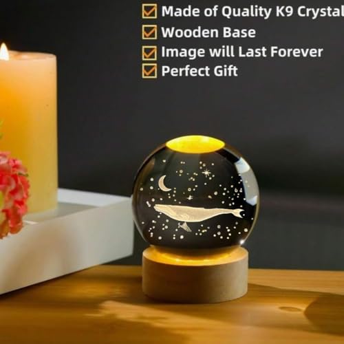 Image of Fish 3D Crystal Ball Night Light with LED Wooden Stand - Glass Sphere Aquarium Style Lamp for Room Decor & Unique Gifts