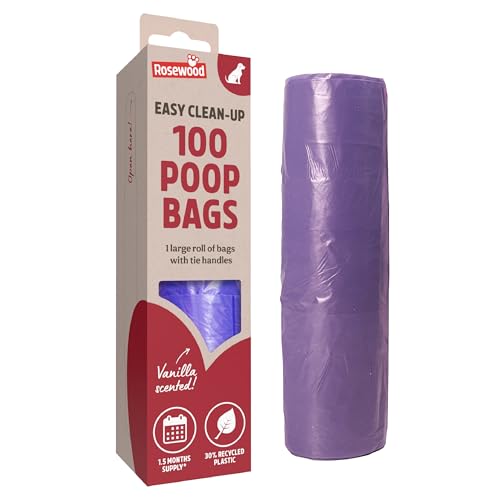 Rosewood Dog Poo Bags with Handles - 100 Easy Clean-Up Poop Bags, Grab and Go Single Roll of Dog Waste Bags with Tie Handles, Vanilla Scented, Made with Recycled Plastic