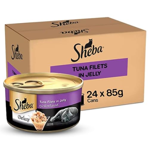 Image of Sheba Deluxe Premium Adult (1+ Years) Wet Cat Food, Tuna Fillets in Jelly, 85 g Can (Pack of 24), High-moisture wet food for healthy hydration