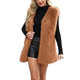 DUHENWU Chaleco de piel para mujer, mullido, elegante, sin mangas, chaleco de peluche, chaleco de forro polar, chaleco de forro polar, para otoño e invierno, pelo sintético, largo monocolor, cuello en