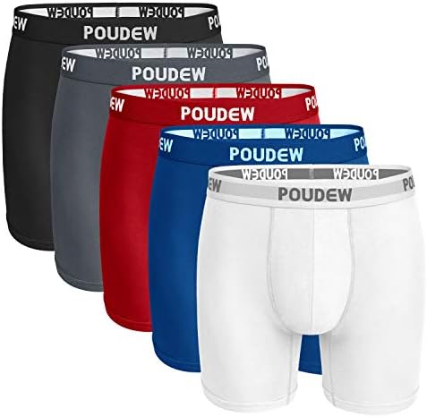 POUDEW Men's 6 Inches Soft Viscose Boxer Briefs, Tagless Mens underwear with Pouch, 5 Pack, Black/Grey/Red/Blue/White, Large