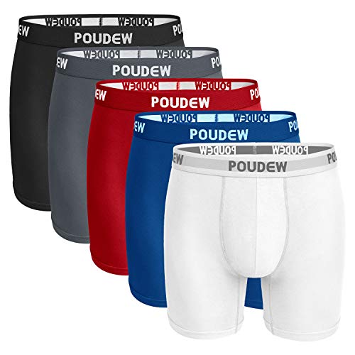 Poudew Men's 6 Inches Soft Viscose Boxer Briefs, Tagless Mens Underwear With Pouch, 5 Pack, Black/Grey/Red/Blue/White, Large #TOP6