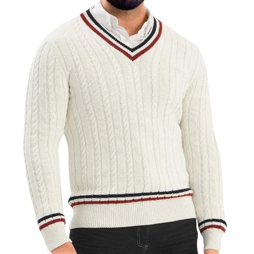 Men's Stripe V-Neck Long Sleeve Ribbed Knitted Slim Fit Pullovers Cable Knitted Cricket Jumper Top