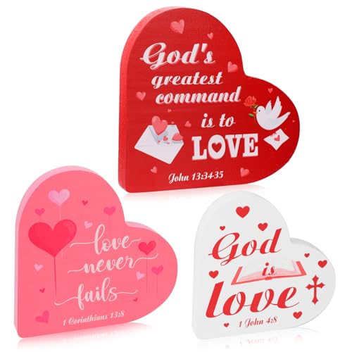 HOWAF 3pcs Christian Valentine's Day Heart Wood Sign, Religious Valentines Heart Shape Table Centerpieces for Valentine's Party Home Tray Decor, Christian Valentines Bible Verse Wooden Block