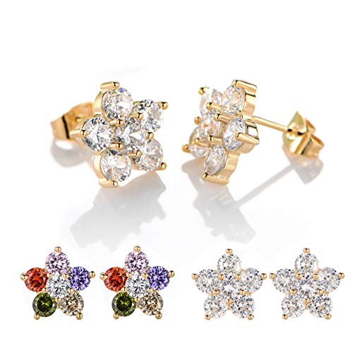 6 Round Colorful Cubic Zirconia Flower Shaped Stud Earrings with 18K Yellow Gold Plated for Girls and Women
