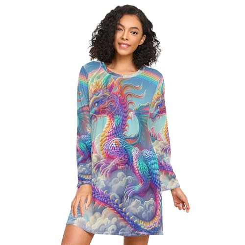 RPLIFE Rainbow Dragon Long Sleeve Womens Sleep Shirts, Cozy Crewneck Sleep Dress, Soft Nightgowns for Women, Rainbow Dragon, L