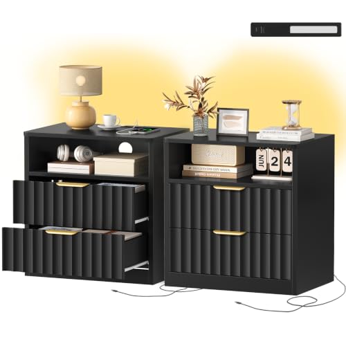 Image of TEENFON Fluted Nightstands Set of 2, Night Stand with Charging Station and LED Light, Nightstand with Storage Drawer and Open Shelf, Bedside Table for Small Space, Bedroom, Black