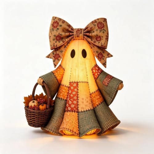 Patchwork Ghost Door Hanger with Warm LED Lights Halloween Decor - image 1