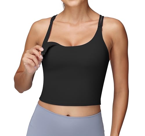 Image of Foucome Nursing Tank Tops for Breastfeeding Longline Nursing Sports Bra Cross Back Workout Crop Top with Built in Bra
