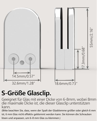 ROFMAPLE Glasklemmen, 8 Stück, Edelstahl, 304 Glasklemmen, verstellbar, 6-8 mm, Glashalterung, flache Rückseite für Balustrade, Treppenhaus-Handlauf
