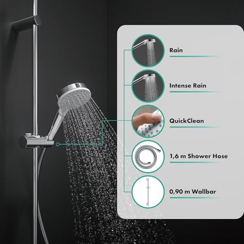 hansgrohe Crometta - Duschset, runder Duschkopf mit Brausestange 90 cm, Duschkopfhalterung und Brauseschlauch 160cm, Duschbrause mit 2 Strahlarten, Weiß/Chrom