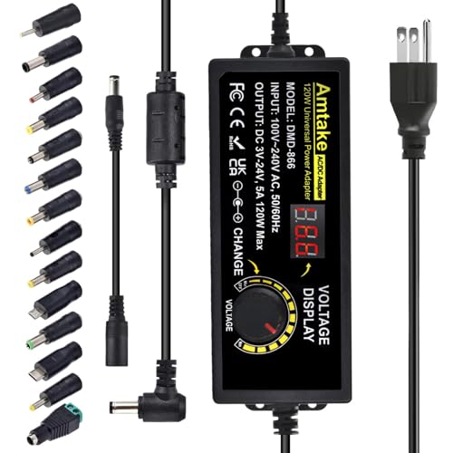 Universal Power Supply Adjustable AC to DC 3V ~ 24V Variable Switching AC/DC Adapter 5A 120W with LED Voltage Display and 5.5 x 2.5 mm 14 Tips for Household Electronics, DC Motor