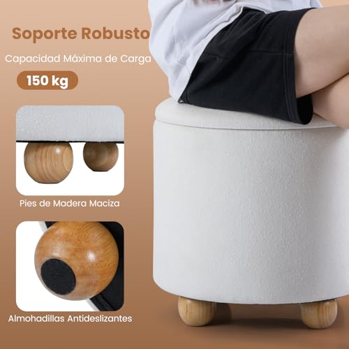 COSTWAY Puff Almacenaje Redondo de 35 L, 44,5x44,5 cm, Taburete Tocador Tapizado en Tejido de Chenilla con Tapa Extraíble, Patas de Madera de Caucho, Reposapies Salon, Entrada, Carga 150 kg (Blanco) - imagen 7
