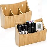 Nicunom 2 Pack Bamboo Dry Erase Marker Holder Wall Mount Remote Control Holder, Desktop Storage 3 Compartments Pencil Pen Hold Utensil Caddy, Multiuse Small Organizer for Office Home School