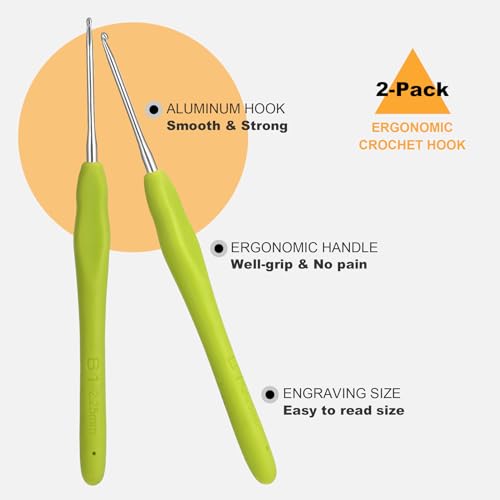 Image of 2Pcs 2.25mm Crochet Hooks, Ergonomic Crochet Hook for Arthritis and Beginners, Extra Long, Smooth, Comfortable (Size B / 2.25mm)