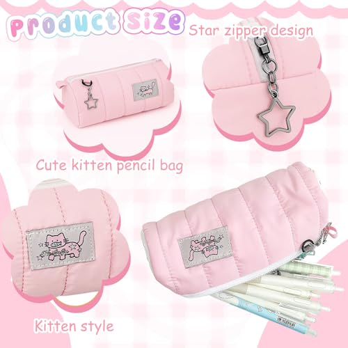 Image of Cute Pouch Cat Design Pink Zipper Case, Stationery Pouch for Girls, Portable Organizer Bag for School Supplies, Stylish Cosmetic Holder