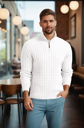 Askdeer Men's Cable Knit Sweater Quarter Zip Sweater Mock Neck Polo Sweater Casual Pullover Sweater with Ribbing Edge2