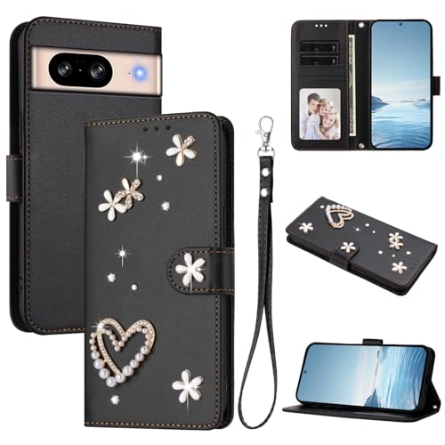 Jiajihua Case Compatible with Google Pixel 8 Lanyard【Card Holder Wallet Flip Cover Magnetic Buckle Kickstand】 Black