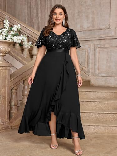 Image of MISSMAY Women's Plus Size V Neck Sequin Lace Butterfly Sleeves Formal Evening Party Long Dress