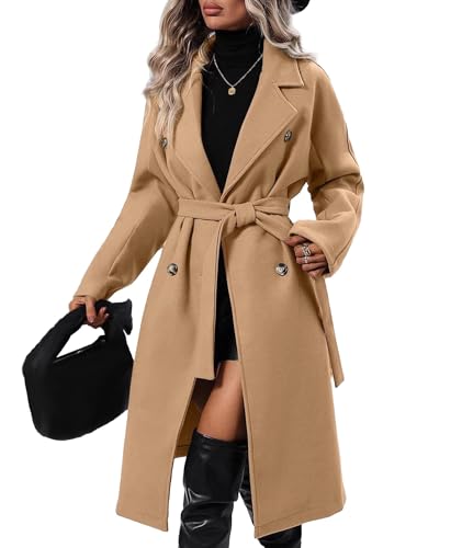Sexyshine Women's Winter Double Breasted Trench Coat Notch Lapel Long Wool Pea Coat A Line Warm Overcoat with Belt