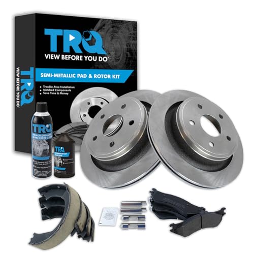 Image of TRQ Rear Brake Pad & Rotor Kit, with Chemical Kit Parking Brake Shoe Set Semi-Metallic Compatible with 2004-2006 Dodge Ram 1500