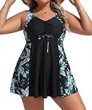 Sangdut Tankini Damen Bauchweg Badeanzug Große Größen, Zweiteilige Badekleid mit Oberteil & Badeshorts V Ausschnitt Push Up Bademode (48, Schwarz Grünblatt)