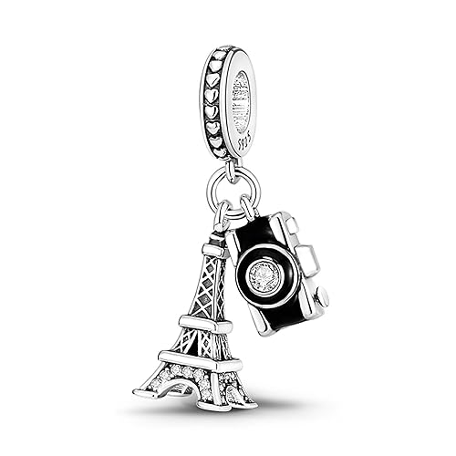 Geralin Gioielli Ciondolo da donna a forma di torre Eiffel e fotocamera, con strass, in argento Sterling 925, per donne e ragazze, Zirconia cubica, Zirconia cubica