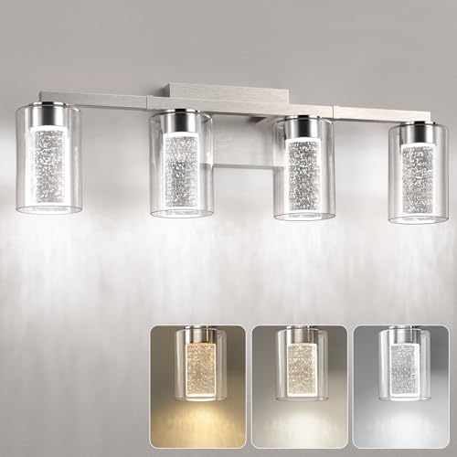 Image of Amico Bathroom Vanity Lights, 4 Lights Brushed Nickel Bathroom Lighting Fixtures with 3CCT Adjustable, Modern Wall Light Over Mirror with Crystal Bubble Glass Shade