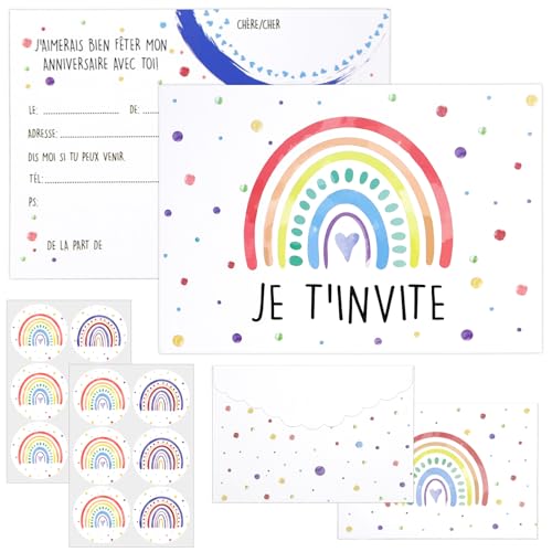 Carte Invitation Anniversaire Fille 12 Pièces, Carte Anniversaire Arc en Ciel avec Enveloppes et Autocollants, Invitation Anniversaire Fille, Anniversaire Arc...