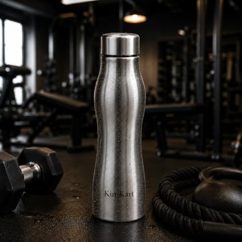 Image of Kin-Kart Water Bottles 1000 ml Stainless Steel Water Bottle 1 Litre | Eco friendly Steel BPA Free Leakproof Water Bottles for School, Office, Home, Gym (CURVES, SILVER)